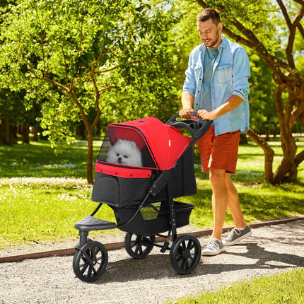 Poussette pliable pour animaux, 3 roues, fenêtres en filet, rouge, poids max. 10 kg