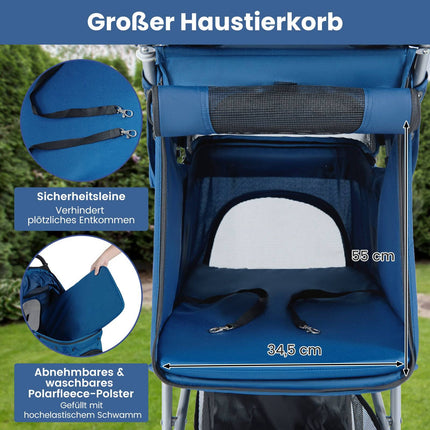 Poussette pliable pour animaux de compagnie avec capote réglable, bleue