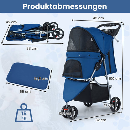 Poussette pliable pour animaux de compagnie avec capote réglable, bleue
