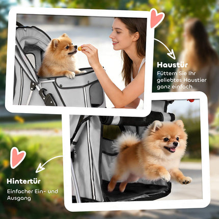 Poussette pliable pour animaux de compagnie avec bandes réfléchissantes, grise