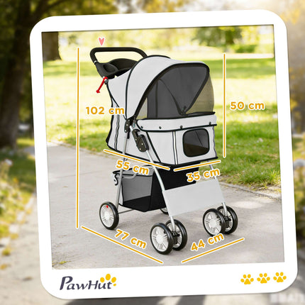 Poussette pliable pour animaux de compagnie avec bandes réfléchissantes, grise