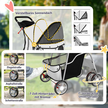 Poussette pliable pour animaux de compagnie avec bandes réfléchissantes, grise