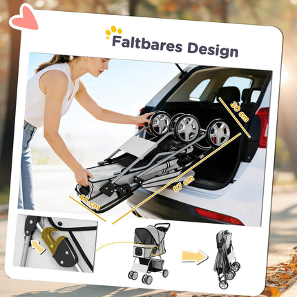 Poussette pliable pour animaux de compagnie avec bandes réfléchissantes, grise