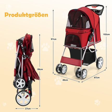 Poussette pliable pour animaux avec rangement, fenêtres en filet, rouge