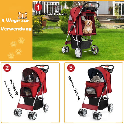 Poussette pliable pour animaux avec rangement, fenêtres en filet, rouge