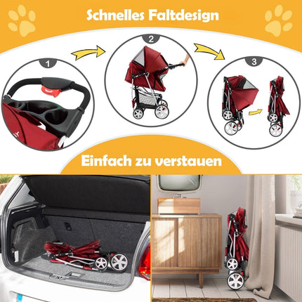 Poussette pliable pour animaux avec rangement, fenêtres en filet, rouge
