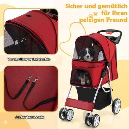 Poussette pliable pour animaux avec rangement, fenêtres en filet, rouge