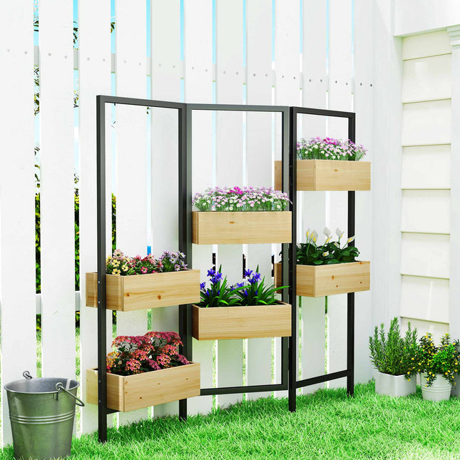 Séparateur de jardinière pliable - 6 bacs en bois, cadre en acier