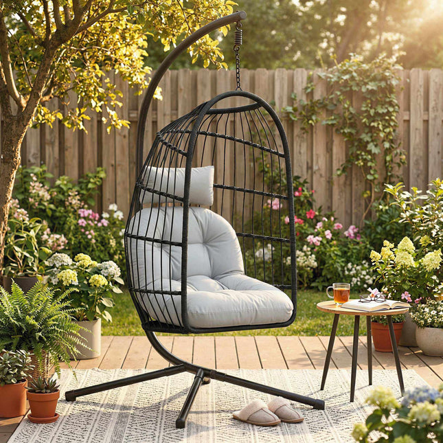Klappbarer Polyrattan-Hängesessel mit Gestell und Kissen