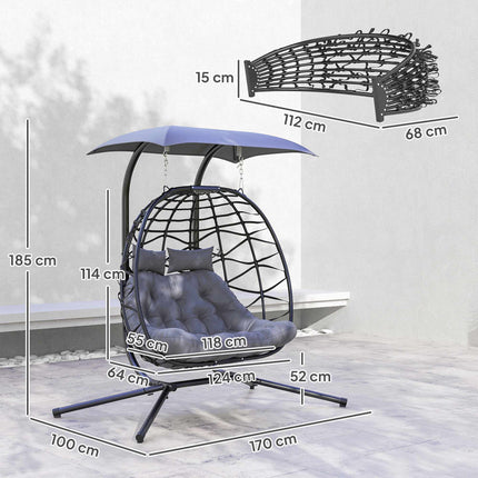 Fauteuil suspendu pliable en rotin avec auvent, gris foncé, capacité de 260 kg