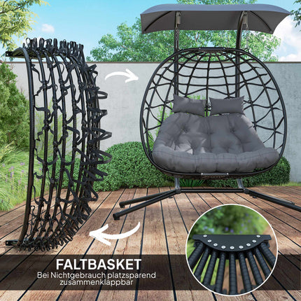 Fauteuil suspendu pliable en rotin avec auvent, gris foncé, capacité de 260 kg