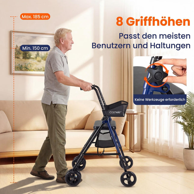 Déambulateur pliable avec siège, hauteur réglable, bleu