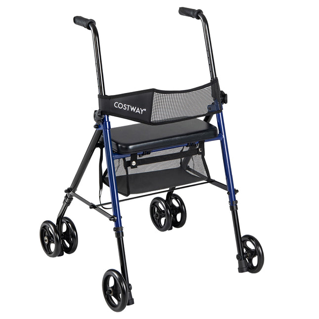 Déambulateur pliable avec siège, hauteur réglable, bleu