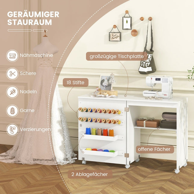 Table de couture et de loisirs créatifs pliable avec rangement, blanche