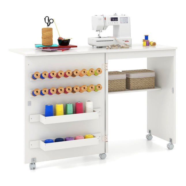 Table de couture et de loisirs créatifs pliable avec rangement, blanche