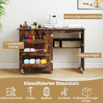 Klappbarer Nähtisch mit Stauraum und feststellbaren Rollen, Braun