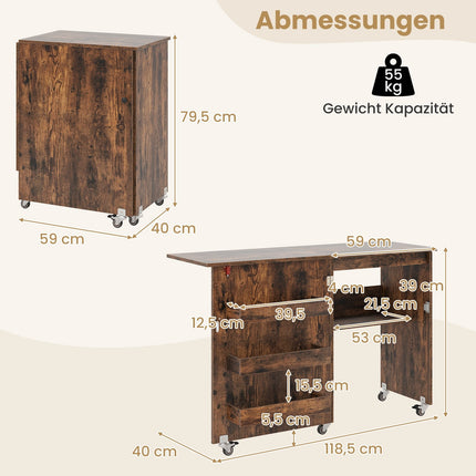 Klappbarer Nähtisch mit Stauraum und feststellbaren Rollen, Braun
