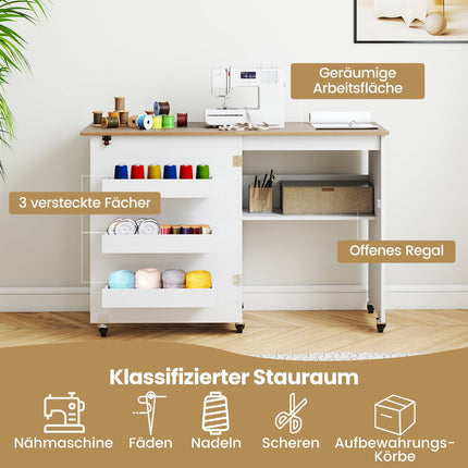 Klappbarer Nähtisch mit Stauraum, feststellbaren Rollen, Weiß