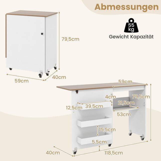Table de couture pliable avec rangement, roulettes verrouillables, blanche