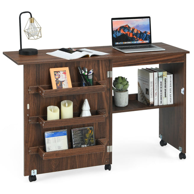 Table de couture pliable à roulettes avec rangement, marron