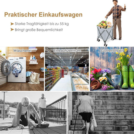 Faltbarer Einkaufstrolley mit Rädern, Fassungsvermögen 90 l/55 kg, Handwagen mit abnehmbarer Oxford-Tasche, Grau