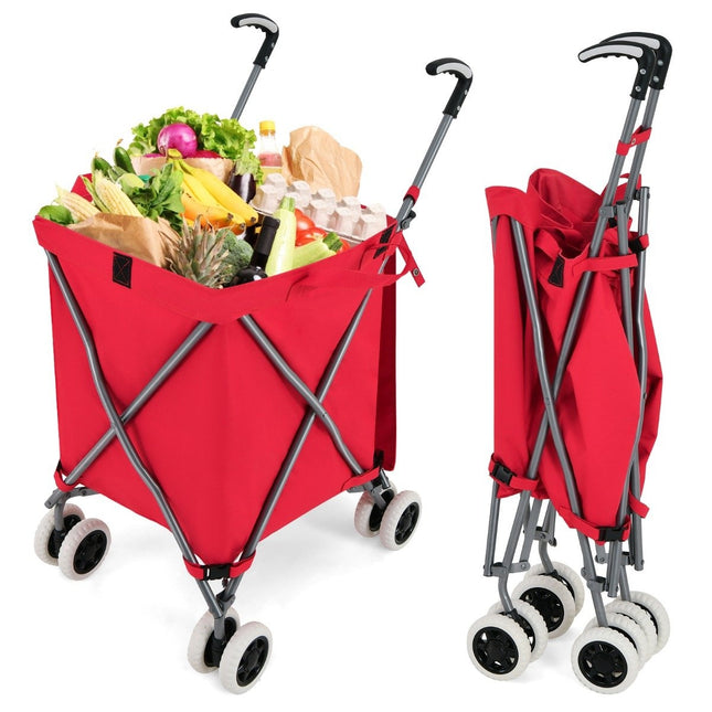 Chariot de courses pliable à roulettes, capacité 90 L/55 kg, chariot à main avec sac Oxford amovible rouge