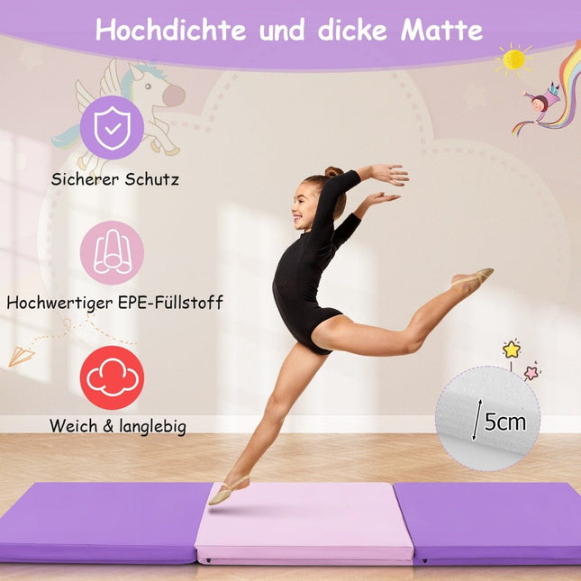 Tapis de sol souple pliable avec 2 poignées tapis de gymnastique antidérapant 180 x 60 x 5 cm violet + rose