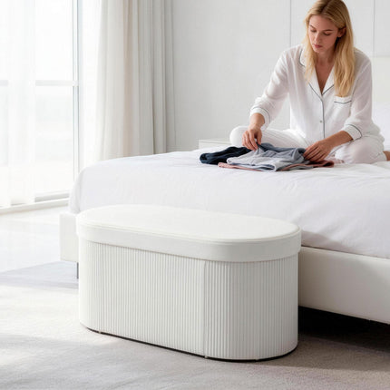 Banc de rangement pliable aspect velours, crème, 76 x 38 x 35 cm