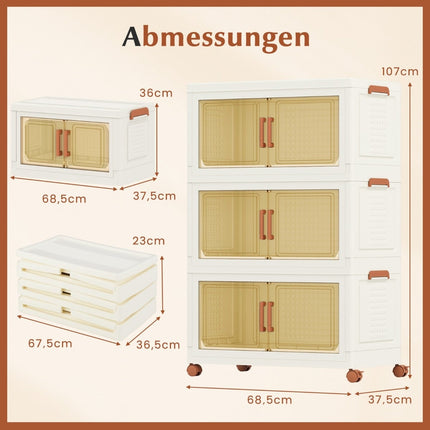Coffre de rangement pliable avec couvercle, roulettes, portes transparentes, 210 L