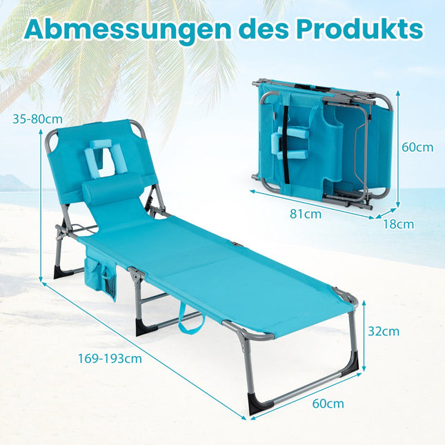 Klappbare Sonnenliege mit Gesichts- & Armlöchern, verstellbarer Rückenlehne, Türkis