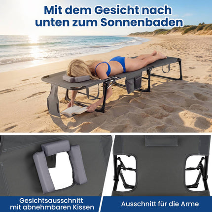 Bain de soleil pliable avec ouvertures pour la tête et les bras, dossier réglable, gris
