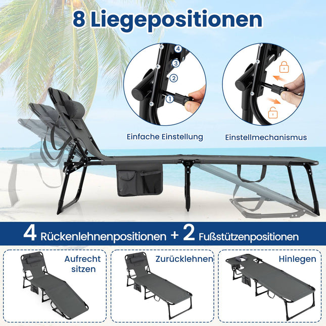 Klappbare Sonnenliege mit Kopf- und Armlöchern, verstellbarer Rückenlehne, Grau