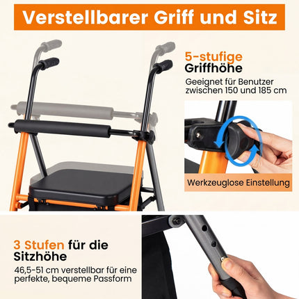 Déambulateur de voyage pliable, hauteur réglable, orange, capacité de charge de 136 kg
