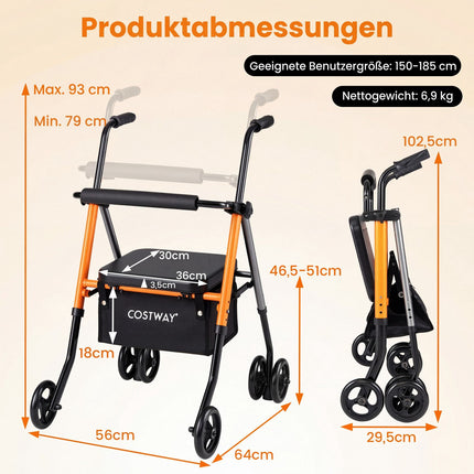 Déambulateur de voyage pliable, hauteur réglable, orange, capacité de charge de 136 kg