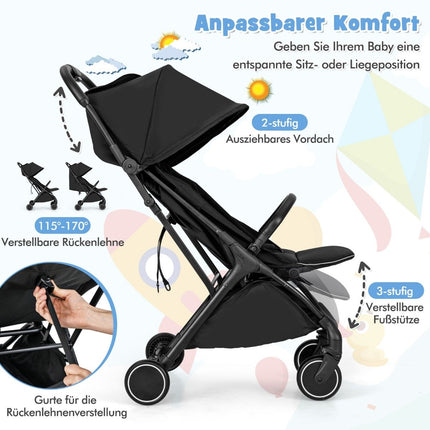 Poussette de voyage pliable avec siège inclinable, noire