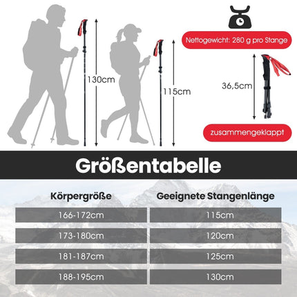 Bâtons de randonnée pliables, verrouillage rapide, 115-130 cm, rouges