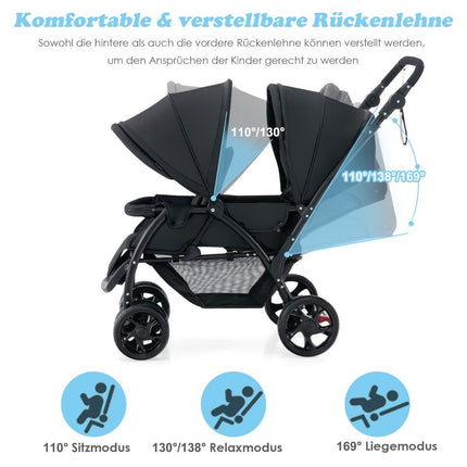 Faltbarer Zwillingskinderwagen mit verstellbarer Rückenlehne, Schwarz