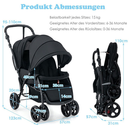 Faltbarer Zwillingskinderwagen mit verstellbarer Rückenlehne, Schwarz