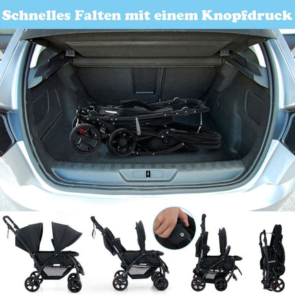 Faltbarer Zwillingskinderwagen mit verstellbarer Rückenlehne, Schwarz