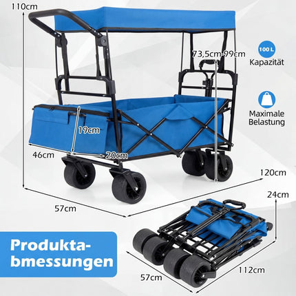 Zusammenklappbarer Bollerwagen mit abnehmbarem Verdeck, verstellbaren Griffen, Blau