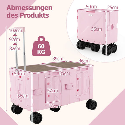 Chariot pliable avec plateau et poignée réglable, rose