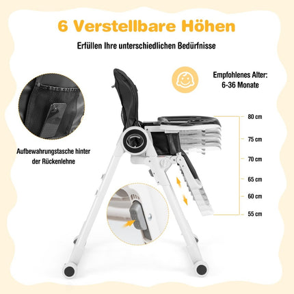 Klappbarer Babyhochstuhl mit 6-fach Höhenverstellung &amp; abnehmbaren Doppeltabletts schwarz