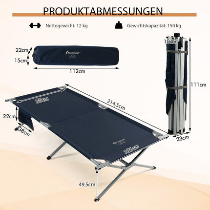 Lit de camp pliable XXL 214,5 x 106 cm lit de camping avec poche latérale