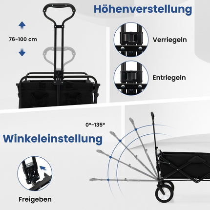 Faltbarer Bollerwagen mit verstellbarem Griff und Getränkehaltern belastbar bis 68 kg zum Einkaufen, Camping, schwarz