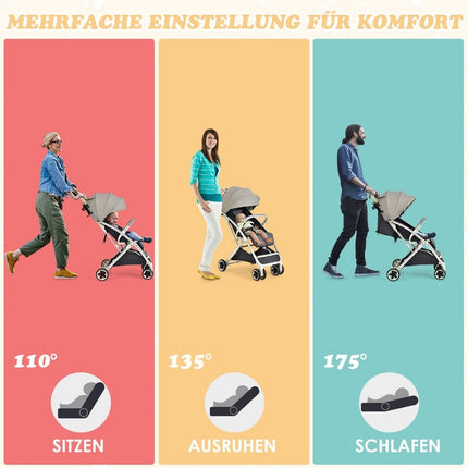 Poussette de voyage pliable avec dossier réglable et auvent, poussette pour bébé avec porte-gobelet gris