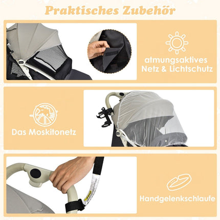 Poussette de voyage pliable avec dossier réglable et auvent, poussette pour bébé avec porte-gobelet gris