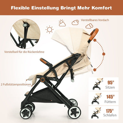 Faltbarer Kinderwagen mit verstellbarer Rückenlehne &amp; Fußstütze &amp; Verdeck Beige