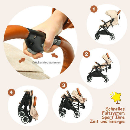 Faltbarer Kinderwagen mit verstellbarer Rückenlehne &amp; Fußstütze &amp; Verdeck Beige