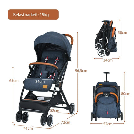 Poussette pliable avec dossier, repose-pieds et auvent réglables bleu