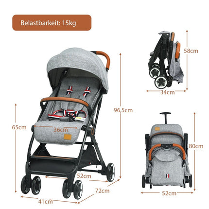 Poussette pliable avec dossier, repose-pieds et auvent réglables gris